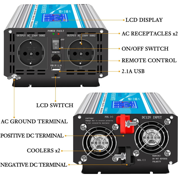 Автомобільний інверторний перетворювач напруги CARRYBATT 3000 Вт -12 В 230 В чиста синусоїда з 2 розетками ЄС і портом USB пульт дистанційного керування кабель акумулятора та інструкція, для автомобілів, караванів, човнів і кемпінгу (LCD1500W12V.)