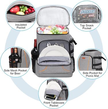 Рюкзак-холодильник Estarer 35L сірого кольору: для пікніків, кемпінгу та пляжу. З відкривачем для пляшок, водонепроникний.