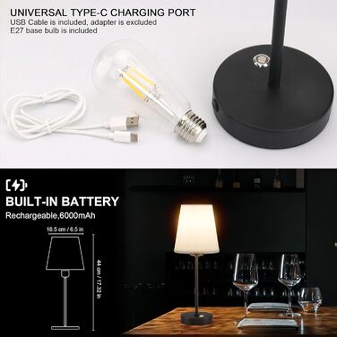 LED акумуляторна тканинна настільна лампа чорного кольору (2 шт.), бездротова, з регулюванням яскравості, тепле світло 3000K, 6W, для спальні