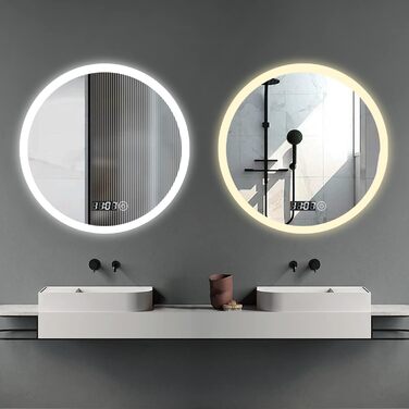 Круглий дзеркало для ванної кімнати Boromal з підсвічуванням, годинником та 3 кольорами світла (60см)