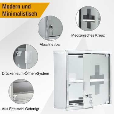 Медичний шафчик Zedelmaier з нержавіючої сталі, 4 відділення, для зберігання ліків, аптечний шафчик, для ванної кімнати, підвісний, з замком, 57 x 27 x 12 см, білий/сріблястий