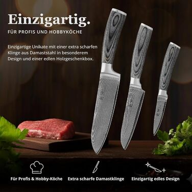 Набір кухонних ножів Wakoli Edis Damast: Сантоку великий та малий, ніж для овочів, універсальний ніж з 67 шарів дамаської сталі (серцевина VG10), ручка з паккавуда, в дерев'яній коробці