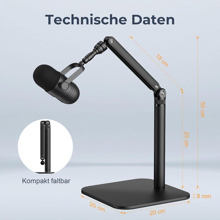 Тримач для мікрофона на стіл, регульований кронштейн 1/4-3/8-5/8 дюйми для Blue Yeti, Fifine, HyperX, мікрофонів/веб-камер/DSLR камер для студії, подкастів, стрімінгу (7-50 см)