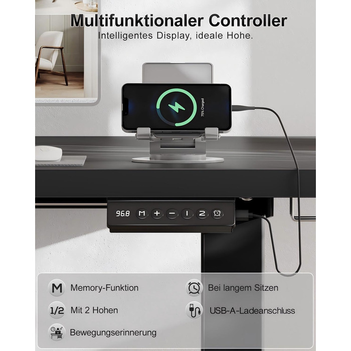 Електричний дитячий стіл Airfish, 80x60 см, регулювання висоти, пам'ять, для дому/офісу, стоячи/сидячи (чорний)