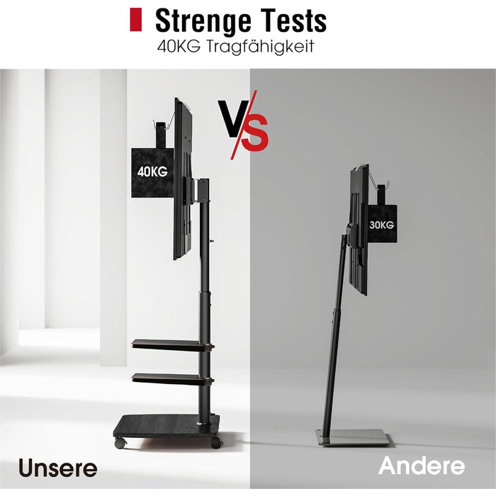 Підставка для телевізора мобільна з поличками Holz, 32-65 дюйми, чорна, VESA 400x400, до 40 кг