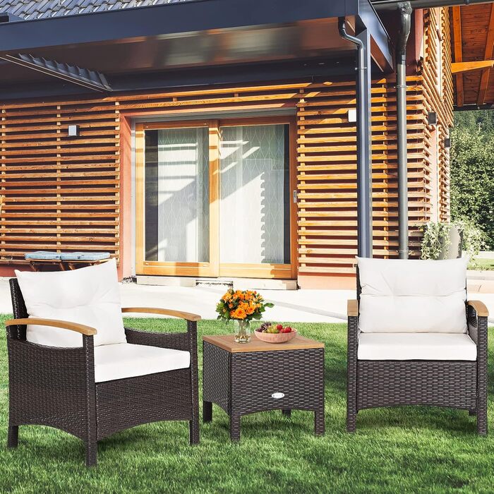 Садовий набір меблів GIANTEX 5 предметів з ротангу: 2 крісла, 2 пуфи та столик, кремово-білий