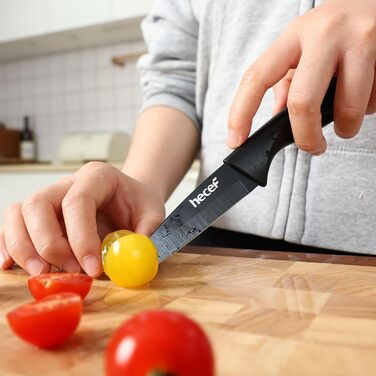 Набір кухонних ножів Hecef 15 предметів з бруском, чорний колір, антипригарне покриття, безпечний для миття в посудомийній машині, самозаточуваний брусок, ергономічні ручки, набір ножів для кухні для початківців та любителів готування (6 шт)