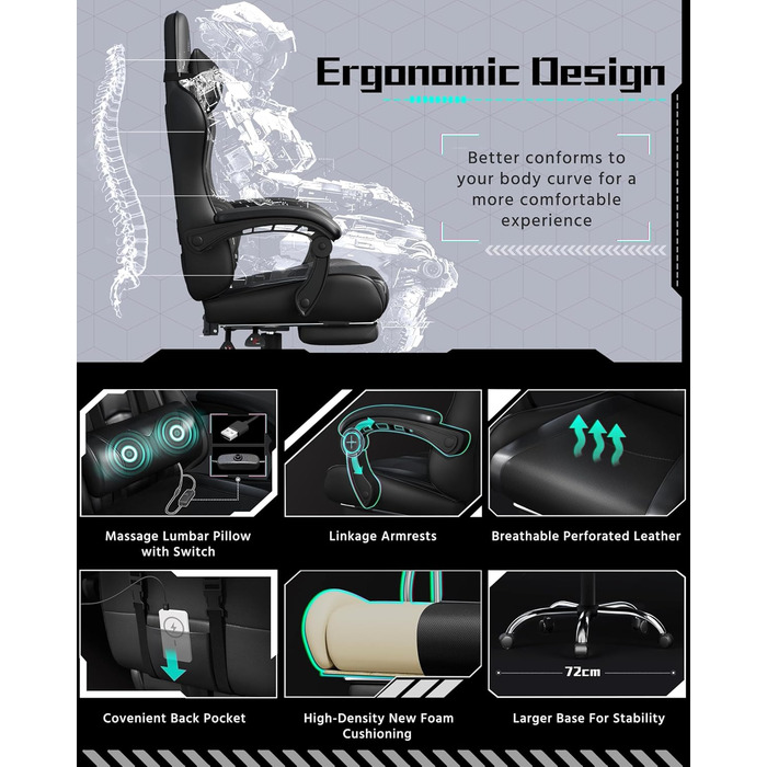 Ігровий крісло Yaheetech з масажем, регульована спинка 90-135°, комп'ютерне крісло з підніжкою, білий (чорний)