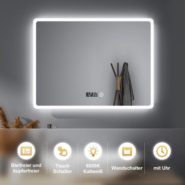 Дзеркало для ванної кімнати Badspiegel 50x70 з годинником та підсвічуванням 3 кольорів, сенсорне управління, прямокутне, 60x80x3.5 см