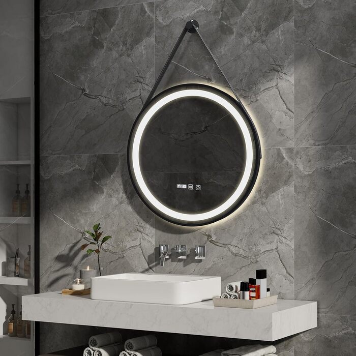 Дзеркало для ванної кімнати YOURLITE з підсвічуванням, 60 см, кругле, LED, 3 кольори, регулювання яскравості, сенсорний вимикач, антизапарник, пам'ять, IP44, чорний