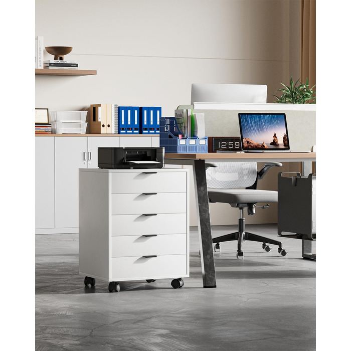 Шафа-тумбочка ELUCHANG з 5 висувними ящиками, мобільна, для офісу та дому, біла