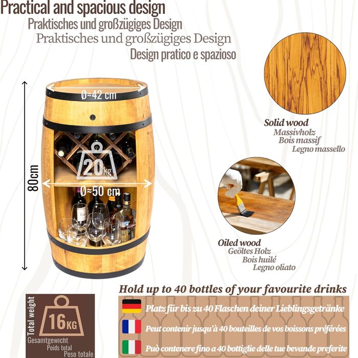Дерев'яний бочонок-бар Fass від Creative Cooper: полиця для вина з LED підсвічуванням, 80x50 см, рустикальний дизайн, для дому