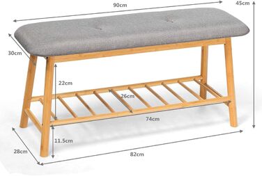 Лавка для взуття COSTWAY з подушкою для сидіння, 2 рівні полиці для взуття, бамбукова лавка, тумба для взуття, м'яка лавка для вхідної зони (M)