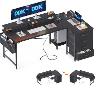 Кутовий стіл ODK з 4 висувними ящиками, USB-порт та розетка, для дому та офісу (160x80x84.7 см, чорний)