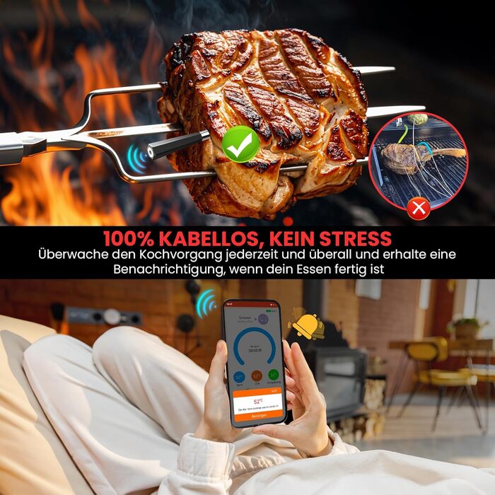 Бездротовий термометр для м'яса Maxtachі з Bluetooth, IP67, 150м, для гриля, BBQ, духовки, коптильні, ротисерії, чорний