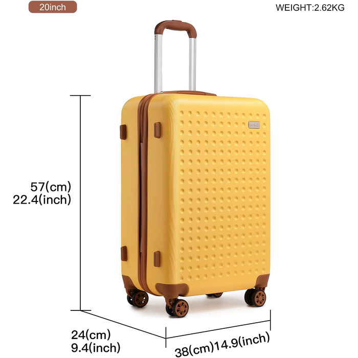 Жовтий валіза KONO 20 дюймів з ABS пластику, з TSA замком, 4 колеса, ручна поклажа 57 x 38 x 24 см