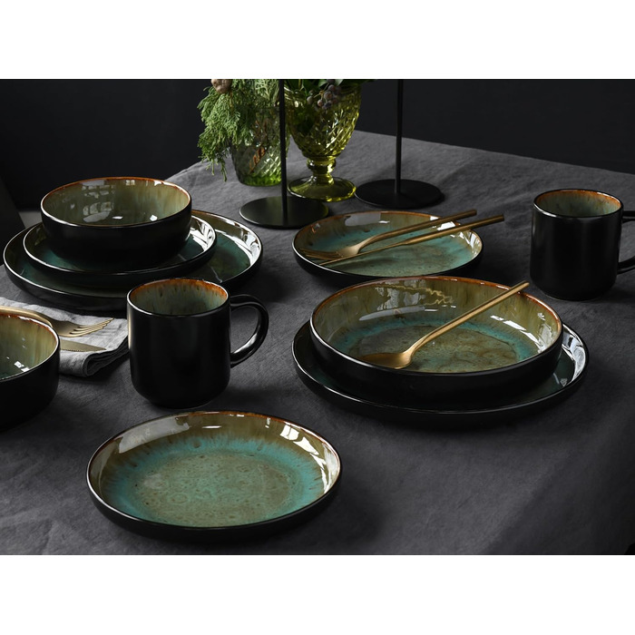 CreaTable Серія Nordic Fjord Green Набір посуду 16 предметів для 4 осіб, комбінований сервіс зі штучного каменю, підходить для посудомийної машини та мікрохвильової печі, якісне виробництво, зелений колір