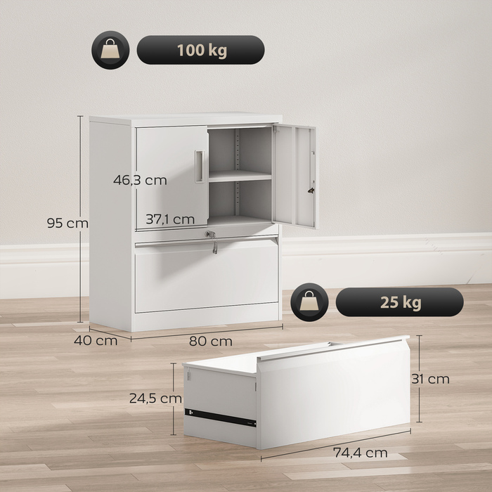 Шафа для документів, офісна шафа, замикаюча багатоцільова шафа зі сталі з 2 дверцятами, регульованими полицями, біла