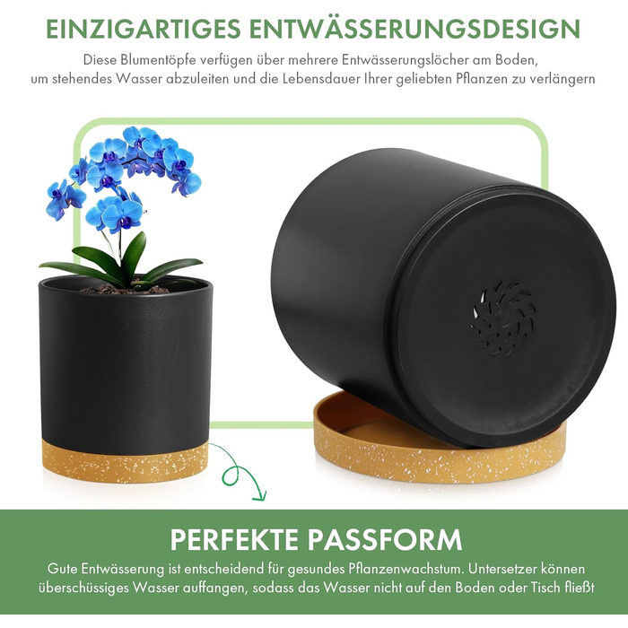 Набір горщиків для квітів 5 шт. з підставками, 17.8/15.2/14/12.7/10.2 см, пластик, для дому та балкону, чорний з коричневою підставкою