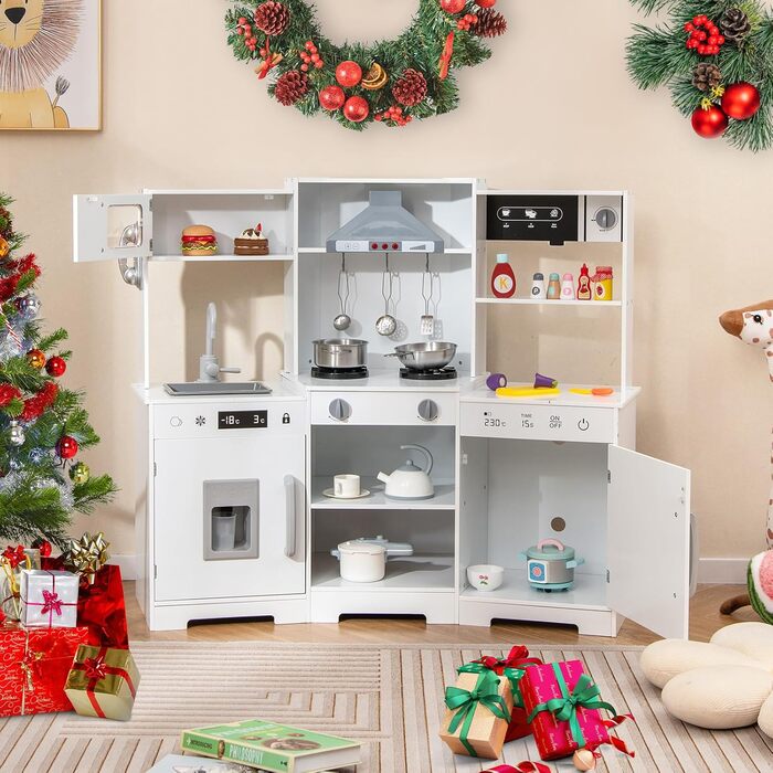 Дерев'яна дитяча кухня Dreamade з аксесуарами, кухонний куточок для дітей з плитою, раковиною, мікрохвильовою піччю, кавоваркою, духовкою, світлом та звуком (білий)