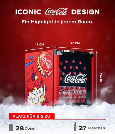 Міні-холодильник для напоїв °CUBES Original Coca-Cola PopArt червоний (48л) з glass-дверцяма, енергоефективний та безшумний — для офісу, геймінгу та вечірок