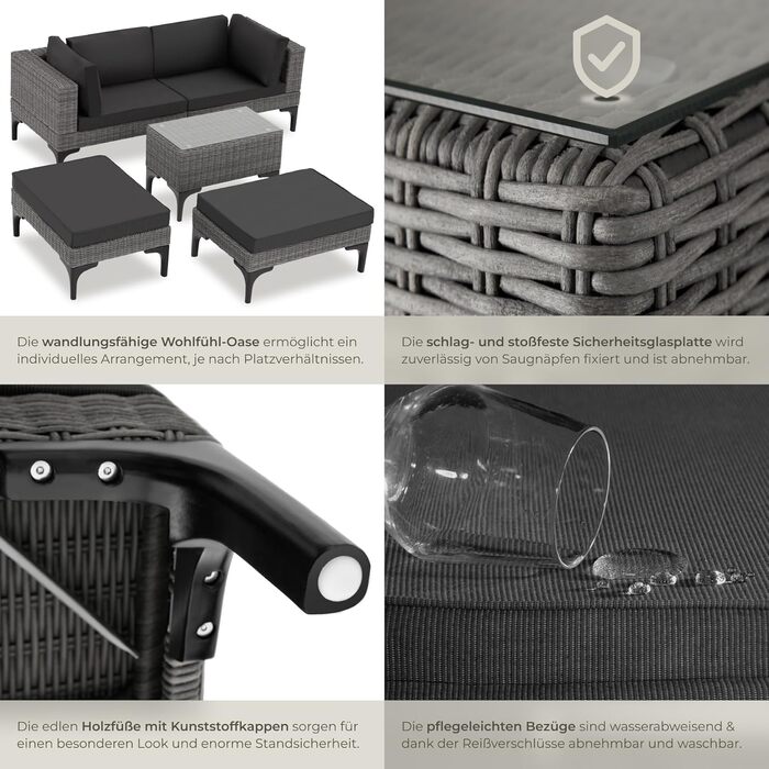 Тектейк® Садовий лаунж з ротангу, набір меблів для саду на 5 місць, модульний, з кутовим кріслом, пуфом, столиком, сірий, з подушками для сидіння та спинки