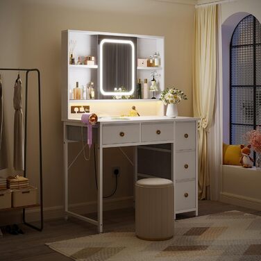 Дзеркальний туалетний столик ODK з регульованим LED-дзеркалом, USB-роз'ємами та RGB-підсвіткою, 5 висувними ящиками та 3 полицями, білий, 90×40×139 см