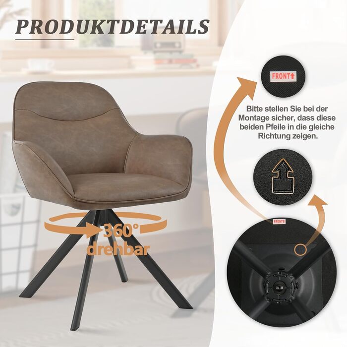 Обідній крісло з підлокітниками, набір з 6 обертових крісел, крісло для кухні, офісу, м'яке крісло з поліестеру та металевими ніжками, спинкою (6 шт., темно-коричневий)