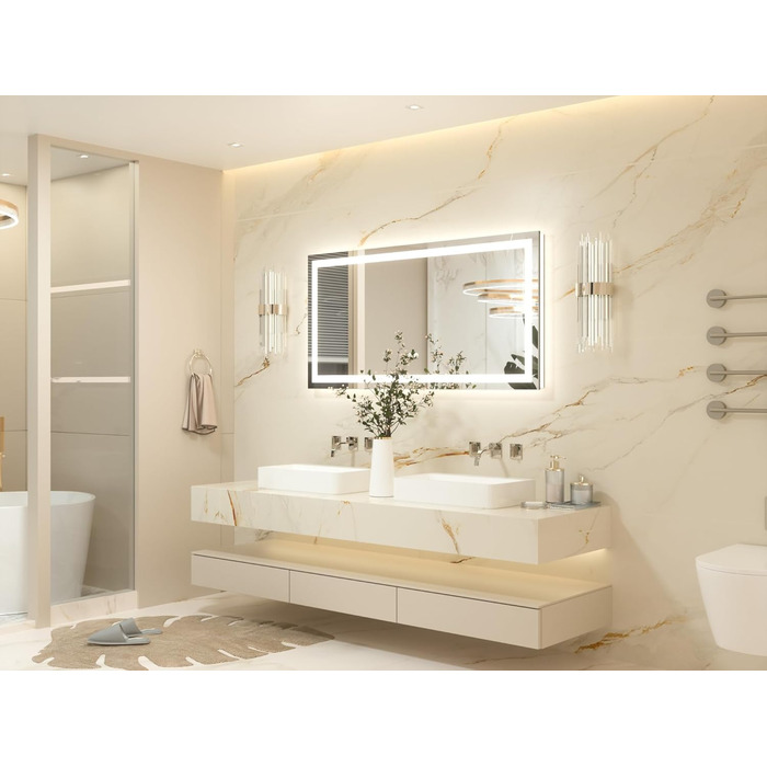 Дзеркало для ванної кімнати Keonjinn з підсвічуванням 50x70 см, без запотівання, LED, сенсорне керування, 3 кольори світла, регулювання яскравості, функція пам'яті, настінне дзеркало без рами (60L x 120B cm)