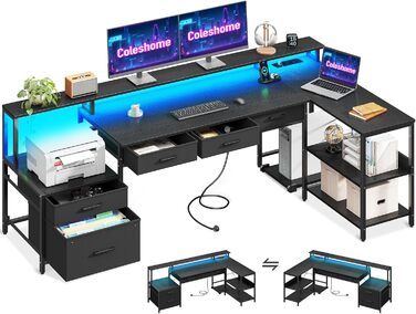 Комп'ютерний стіл Coleshome L-подібний з ящиками, 195x100 см, з розеткою, LED-підсвічуванням та підставкою для монітора, геймінговий стіл, чорний