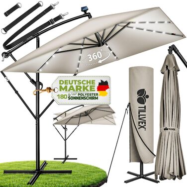Прямокутна алюмінієва парасолька від сонця tillvex® 330 см з LED-підсвіткою, ручкою та чохлом, боковий стілець-опора, захист від UV та води (Taupe)