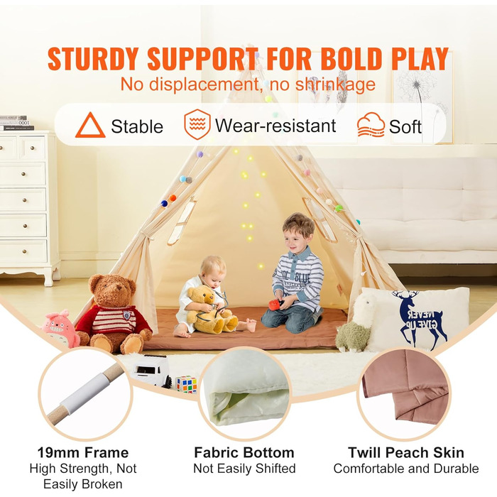 Дитячий намет VEVOR Tipi для дітей 1-5 років, складний намет з килимком та сумкою, з вікнами, для хлопчиків та дівчаток, бежевий (рустикальний)