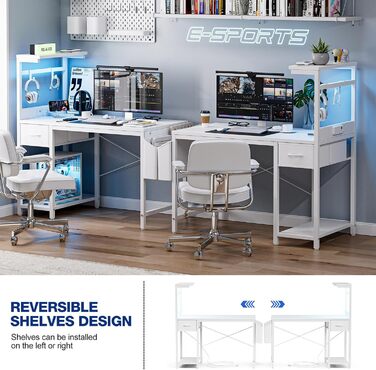 Ігровий стіл Grandder 120 см з розеткою та LED-підсвіткою, білий. Комп'ютерний стіл з регульованими полицями та ящиком, для дому та офісу 120 x 50 см