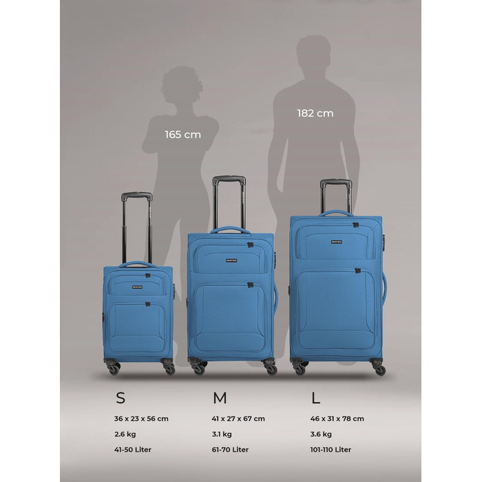 Набір валізак Smartbox 3 шт. для жінок та чоловіків | Легкі та міцні валізи-ролери, якісний softcase, 4 колеса та кодовий замок | Розширювані | Slate-blue (Сіро-блакитний), розмір S (56 см)