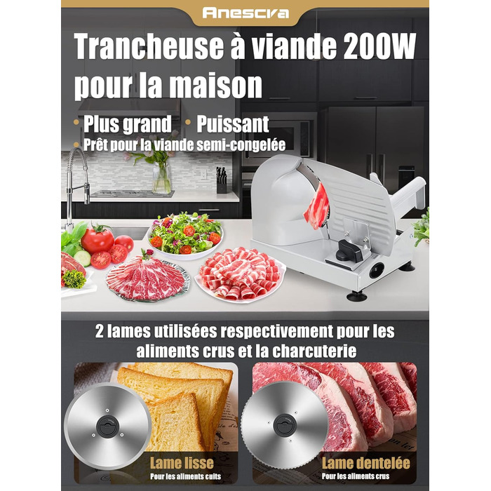 Хліборізка електрична 200 Вт, 2 леза з нержавіючої сталі, легко чистяться, електричні нарізки їжі з регульованою товщиною 0-15 мм, Anescra Silver-200 Вт