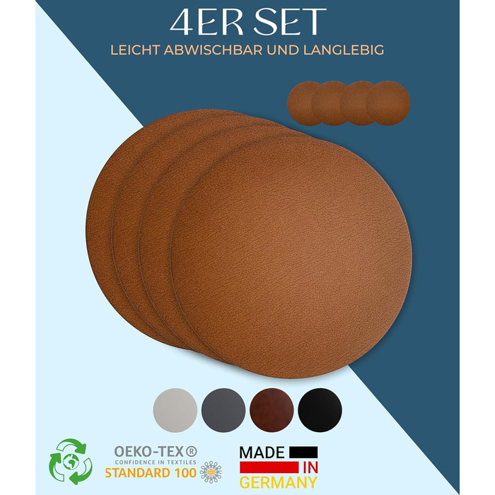 Набори серветок Garnier® з екошкіри, 4 шт. – Миючі, стійкі, з антиковзаючим покриттям – З екологічної переробленої шкіри, Made in Germany (круглі)