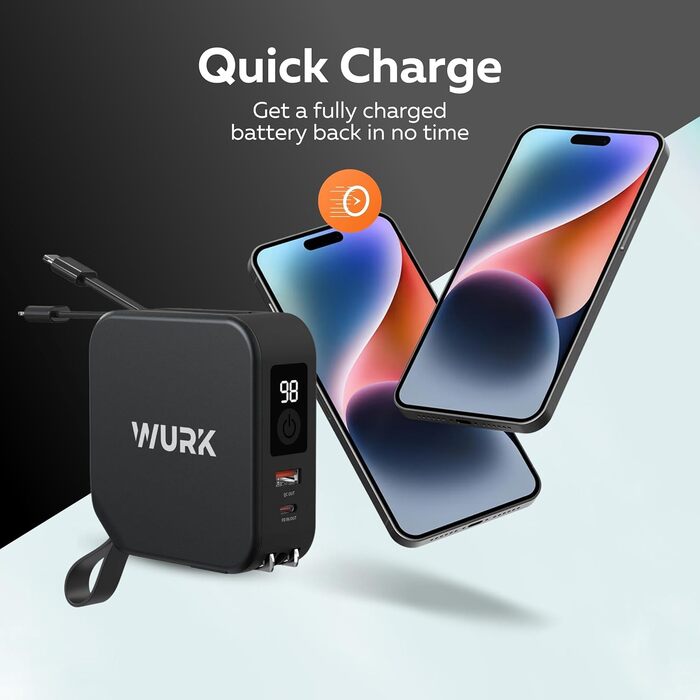 В-1 PowerPack Power Bank, бездротовий зарядний пристрій, дорожня вилка, 10 000 мАг, кабель USB-C і L, 5-