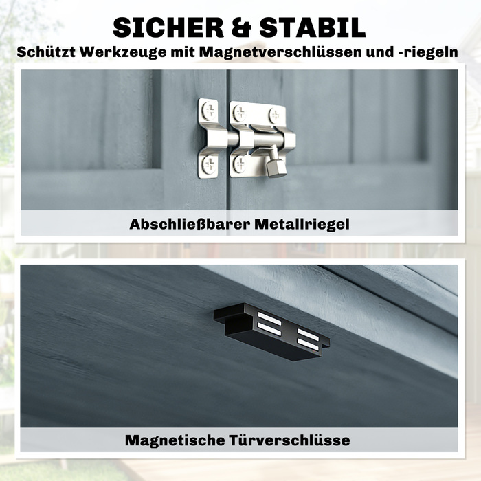 Садовий шафка з дерева, стійкий до погодних умов, навіс для інструментів з подвійними дверима, магнітний замок, для саду, тераси, 85 x 54 x 170 см, сірий