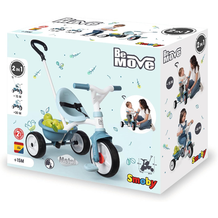 Триколісний велосипед Smoby Be Move з батьківською ручкою, ременем безпеки, металевим каркасом та педальним механізмом для дітей від 15 місяців (Блакитний)