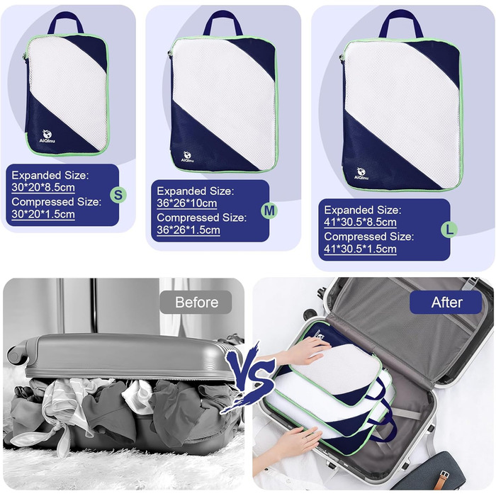Набір компресійних органайзерів для одягу AiQInu (5 шт), ультралегкі сумки для пакування в подорожі з мішком для взуття та білизни, темно-синій