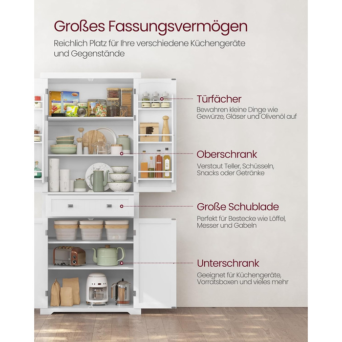 Шафа кухонна VASAGLE, висока, буфет-вітрина, з регульованими полицями, з ящиками, для кухні/вітальні, 40 x 76 x 182,1 см, білий BBC561W21