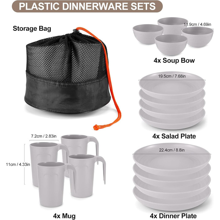 Набір посуду Odoland для кемпінгу на 4 особи, 17 предметів, сірий: тарілки, миски, чашки