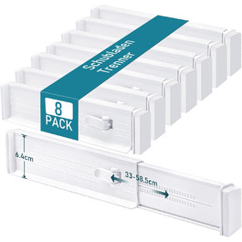 Організатори для ящиків MOFELON (8 шт.), регульовані роздільники для ящиків (33-58.5 см, 6.4 см H), система організації для шаф, комодів, кухні, спальні, ванної кімнати - білий