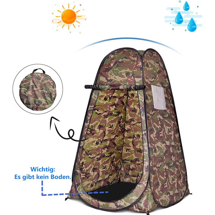 Намет переодягання Relax4Life з системою Pop-up, душовий намет, туалетний намет з вікном, намет-кімнату з поліестеру, 120 x 120 x 190 см, камуфляж Flecktarn