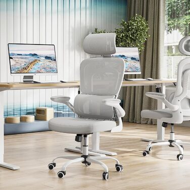 Ергономічне крісло Farini для офісу та дому: регульоване, з підголівником, сіро-біле. Ідеально для роботи за комп'ютером та в home office.
