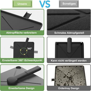 Сушарка для посуду ROTTOGOON розширювана, чорна: складана стійка з нержавіючої сталі, зливний жолоб та відділення для столових приборів