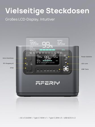 Портативна електростанція AFERIY 3840Wh з LiFePO4 акумулятором, USV, 3x230V AC (7200W Peak), 2200W швидка зарядка, для кемпінгу та подорожей