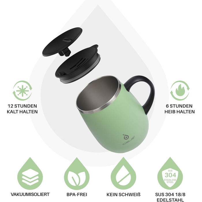 Кружка для кави та чаю Ideus 470 мл з нержавіючої сталі, подвійні стінки, ізольована, з неслизьким ручним тримачем та кришкою-модулем, великий об'єм, колір: трав'яний зелений