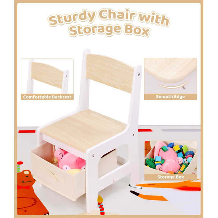 Дитячий стіл зі стільцями, ігровий стіл для дітей з місцем для зберігання, набір меблів для дитячої кімнати (натуральний колір)