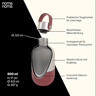 Пляшка для пиття noma noma ізольована пляшка з нержавіючої сталі 500 мл герметична пляшка-термос 500 мл, 750 мл і 1 л вакуумна пляшка для вуглекислого газу кліматично нейтральна та без бісфенолу А Grenadine Red 500 мл Grenadine Red